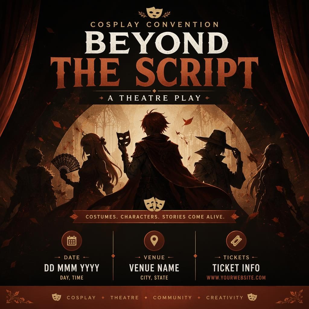 Modern editorial event poster for a cosplay convention theatre play in a dark mysterious mood with autumn rust tones.
