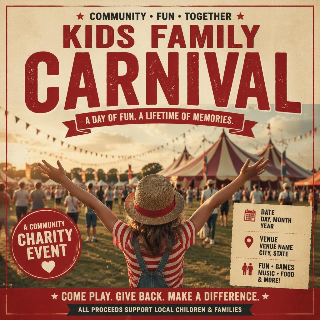 Photographic kids family carnival event poster with vintage cream and red overlay, bold typography, and venue placeholders.