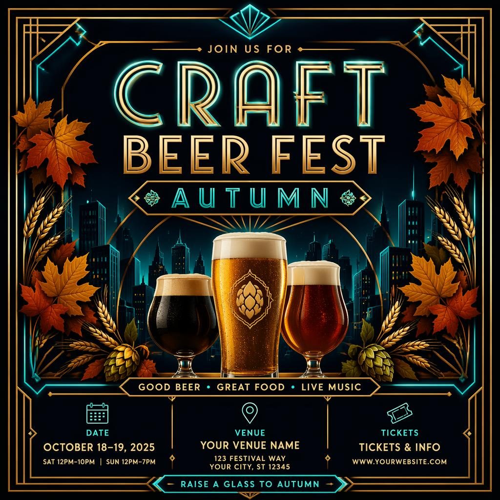Art deco luxury event poster for a craft beer fest in autumn with cool neon colors and sharp placeholder text for name, date, and venue.