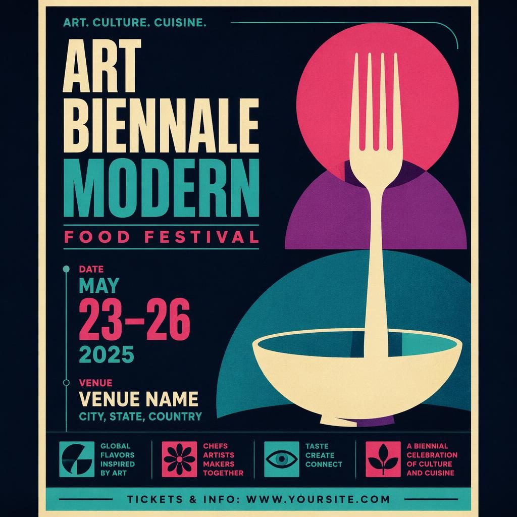 Vintage 1960s-style food festival event poster with cool neon colors, formal layout, and sharp English date and venue text