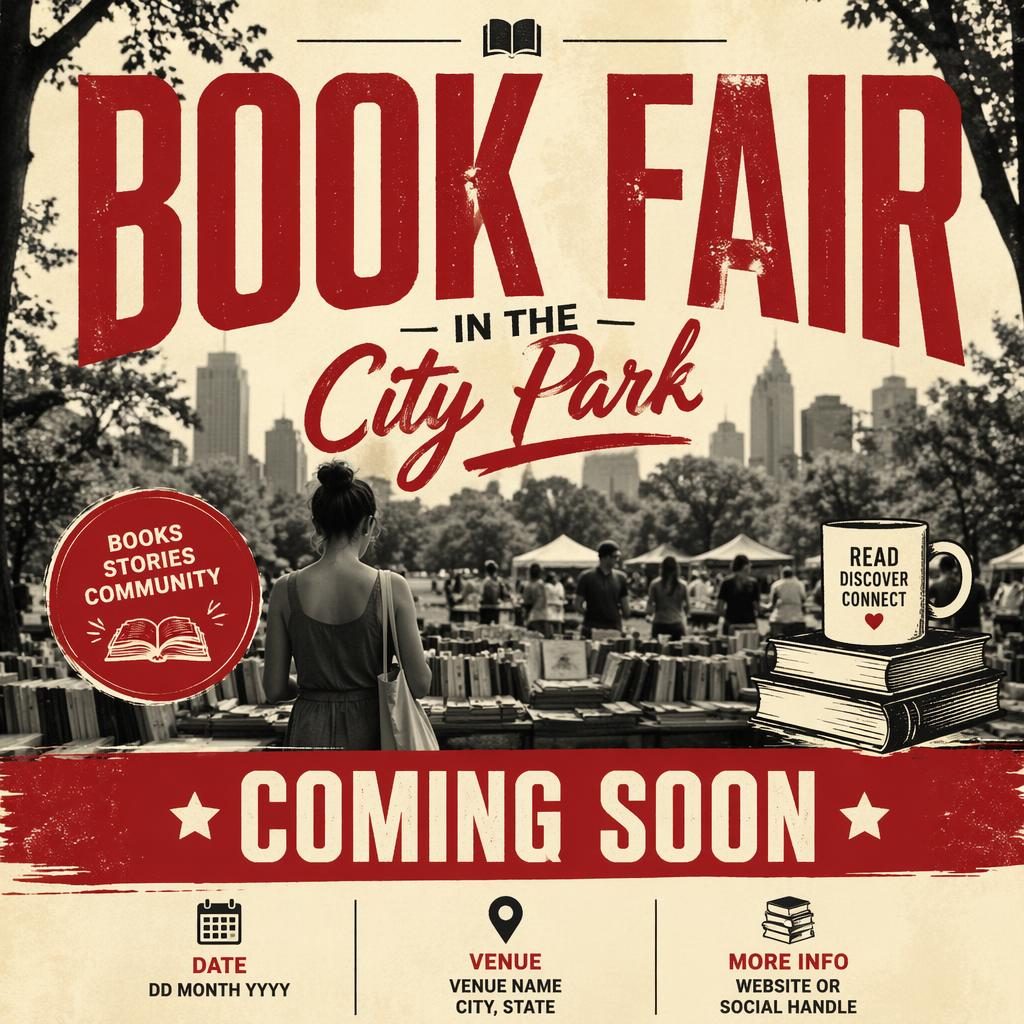 Photographic event poster of a wedding-themed book fair in a city park with cream and red overlay text placeholders.