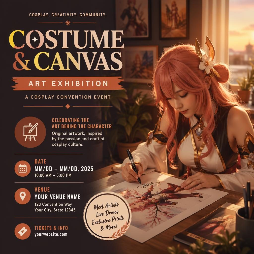 Modern editorial event poster for a cosplay convention art exhibition with warm sunset tones, cozy mood, and clean placeholder text.