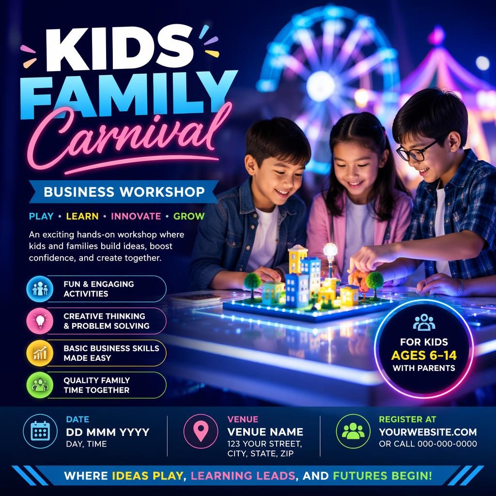 Photographic event poster for a kids family carnival with clean English placeholder text, cool neon overlay, formal layout.