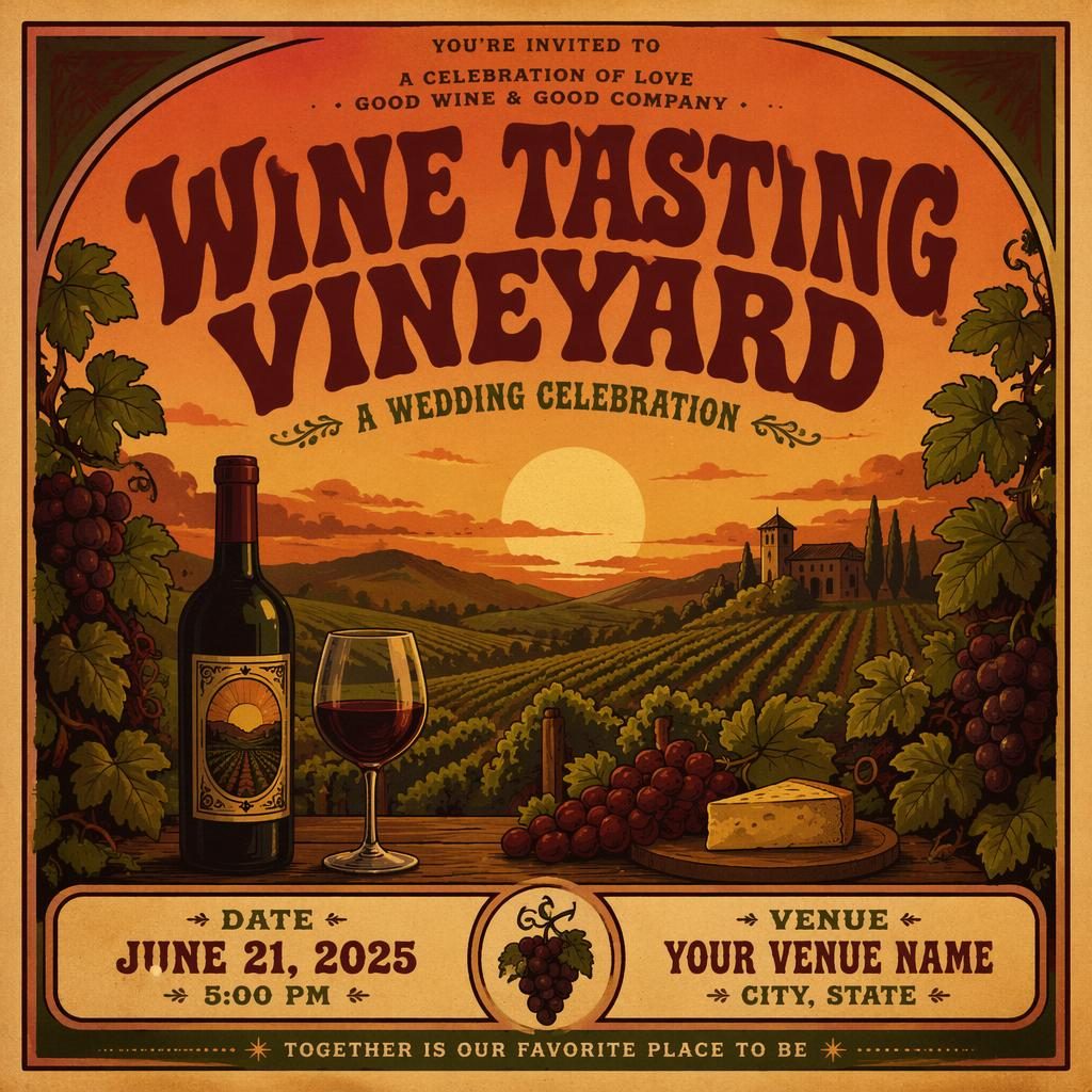 Vintage 1960s-style wedding event poster for a vineyard wine tasting at sunset with cozy typography and warm colors