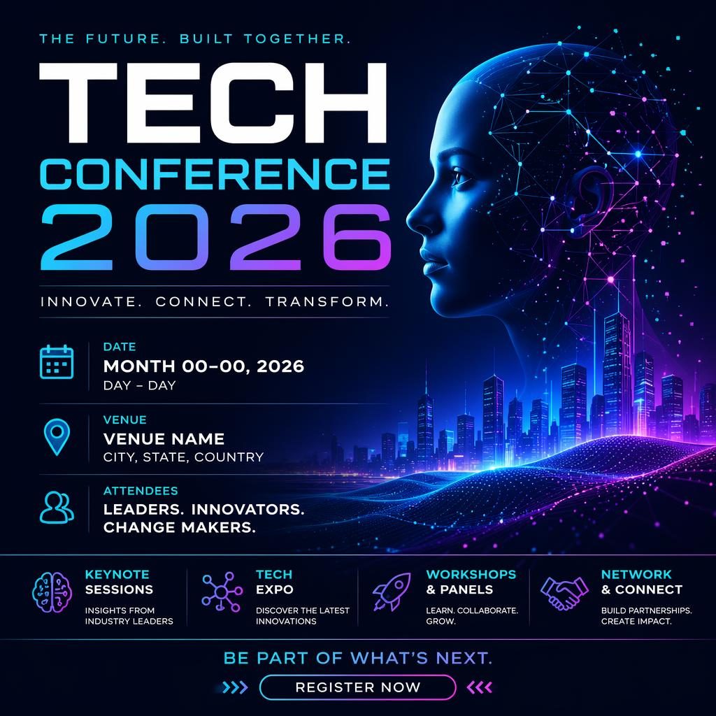 Modern editorial event poster for Tech Conference 2026 with cool neon tones, sharp placeholder text, and formal theatre styling.