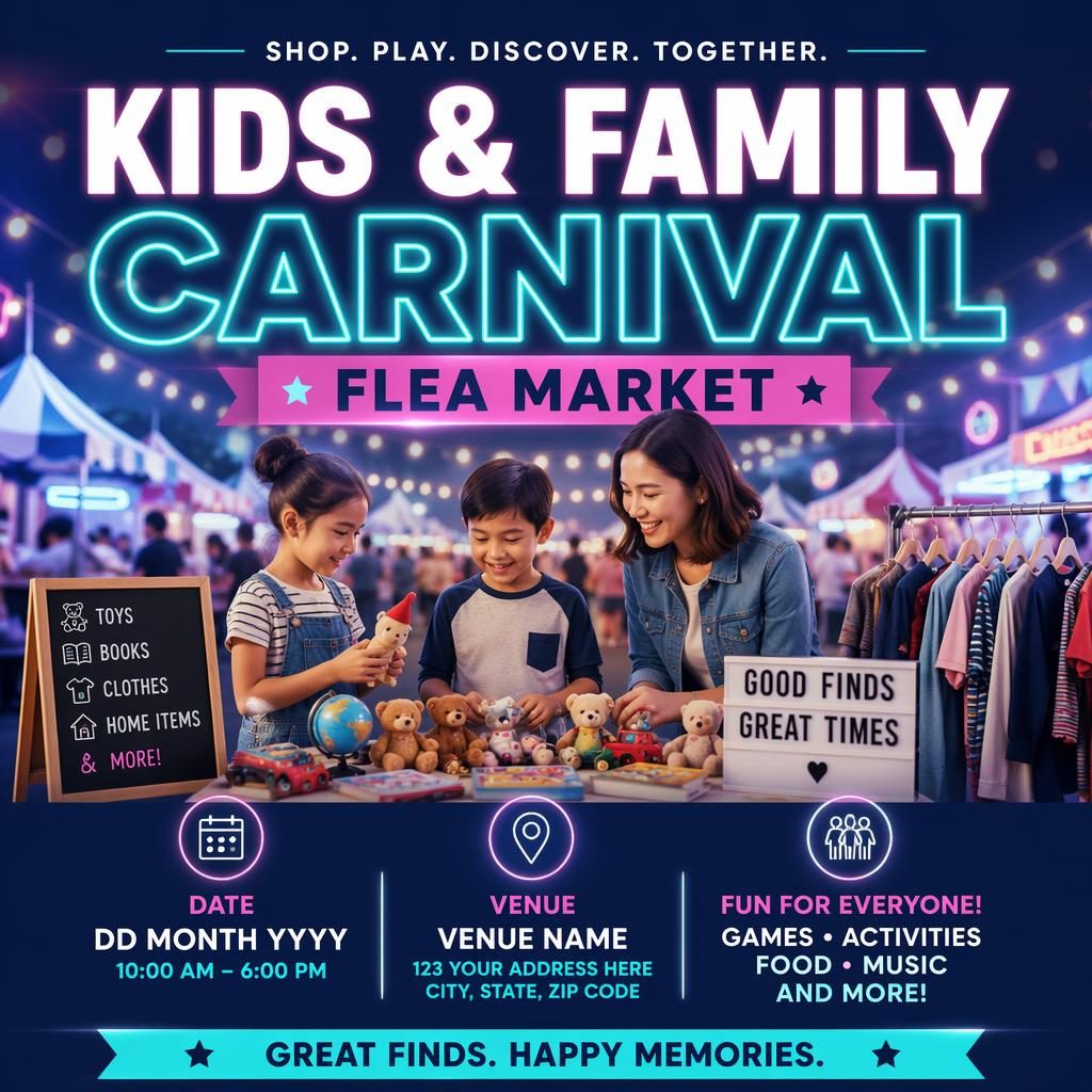 Photographic event poster showing a kids family carnival sports scene with neon cool overlays and clean placeholder text.