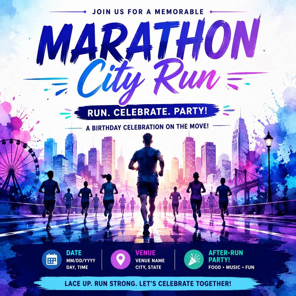 Watercolor event poster for a marathon city run with festive neon tones, readable event name, date and venue placeholders.