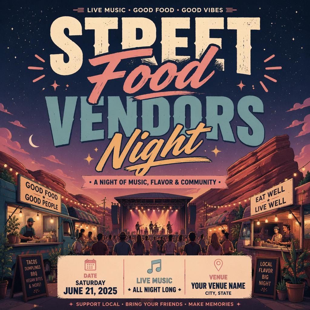 Bold event poster for Street Food Vendors Night music concert with pastel palette, joyful mood, sharp placeholder date and venue text.