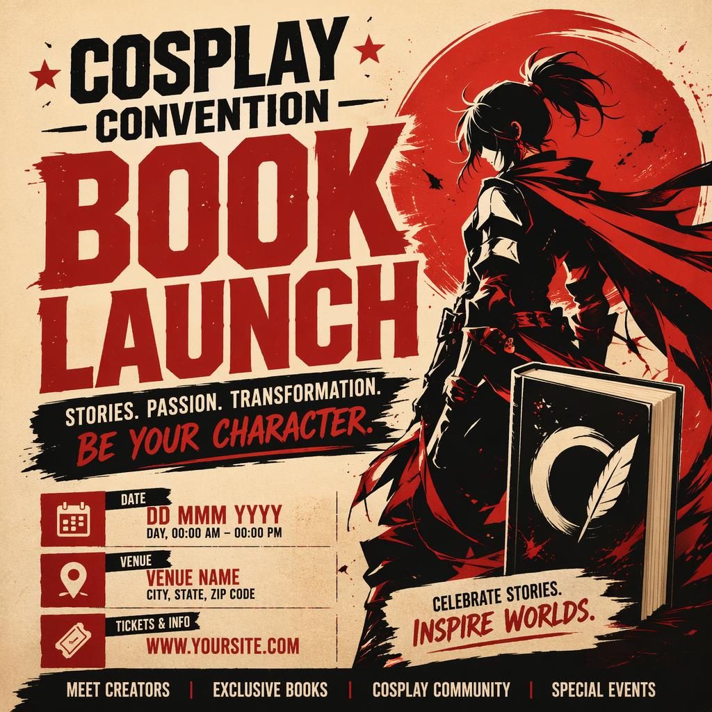 Bold event poster for a cosplay convention book launch in vintage cream and red, with sharp placeholder text and strong typography.