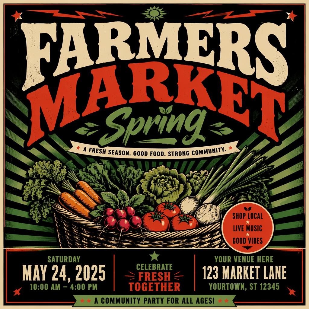Modern editorial event poster for a spring farmers market party with bold high-contrast colors and sharp placeholder text.