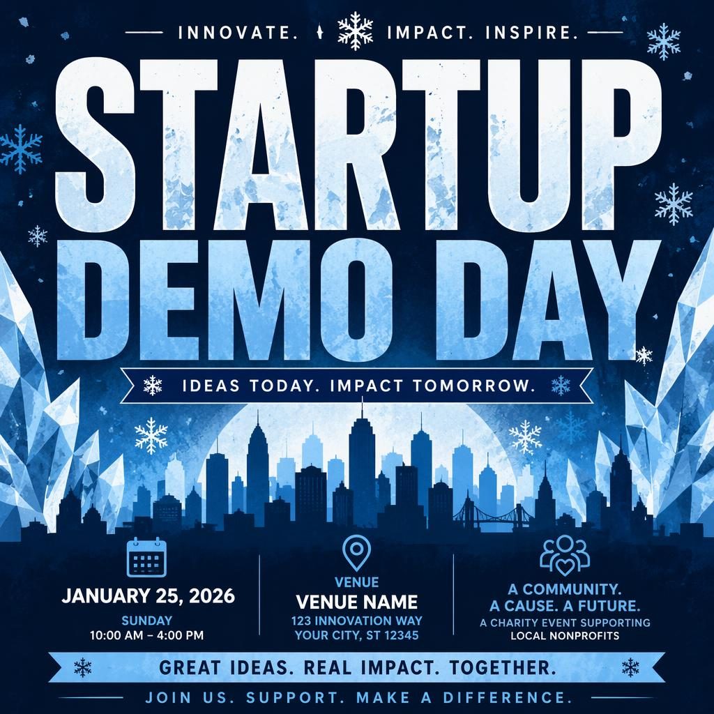Bold winter-themed startup demo day event poster with icy blue palette, festive mood, and clean placeholder date and venue text.