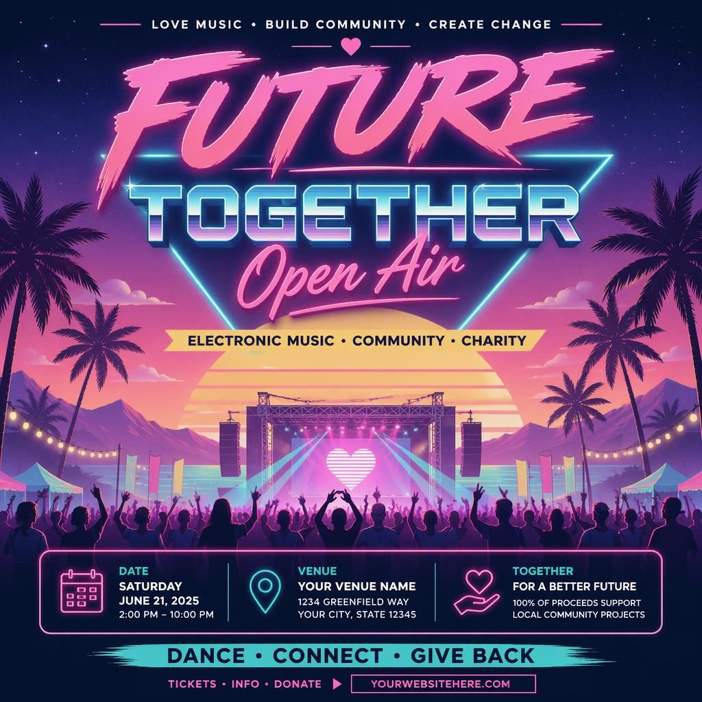 Retro 1980s neon event poster for an electronic music open air charity event with pastel colors and clean placeholder text.