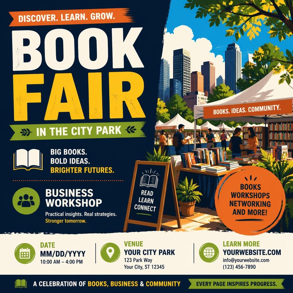 Modern editorial event poster for a book fair in a city park with bold high-contrast colors and clean placeholder text.