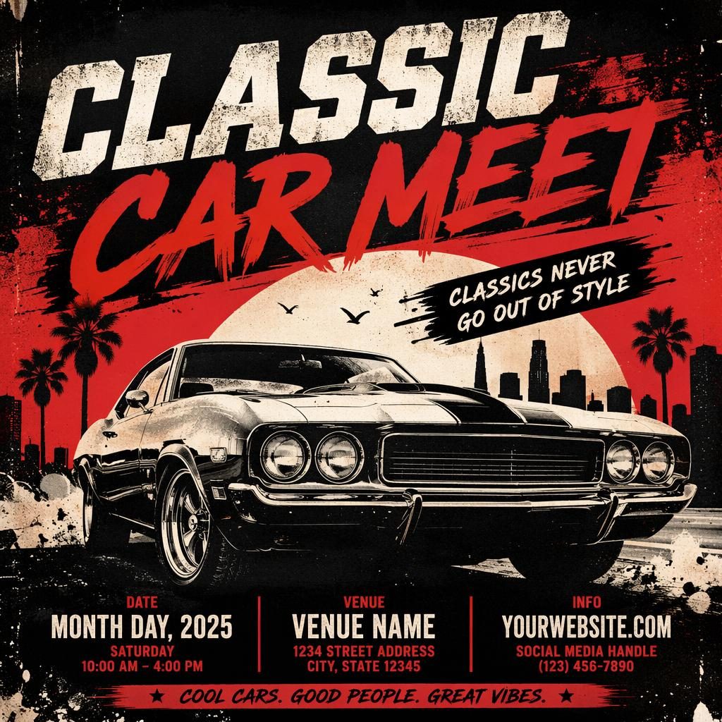 Grunge-style theatre event poster for a classic car meet with vintage cars, bold high-contrast colors, and sharp placeholder text.