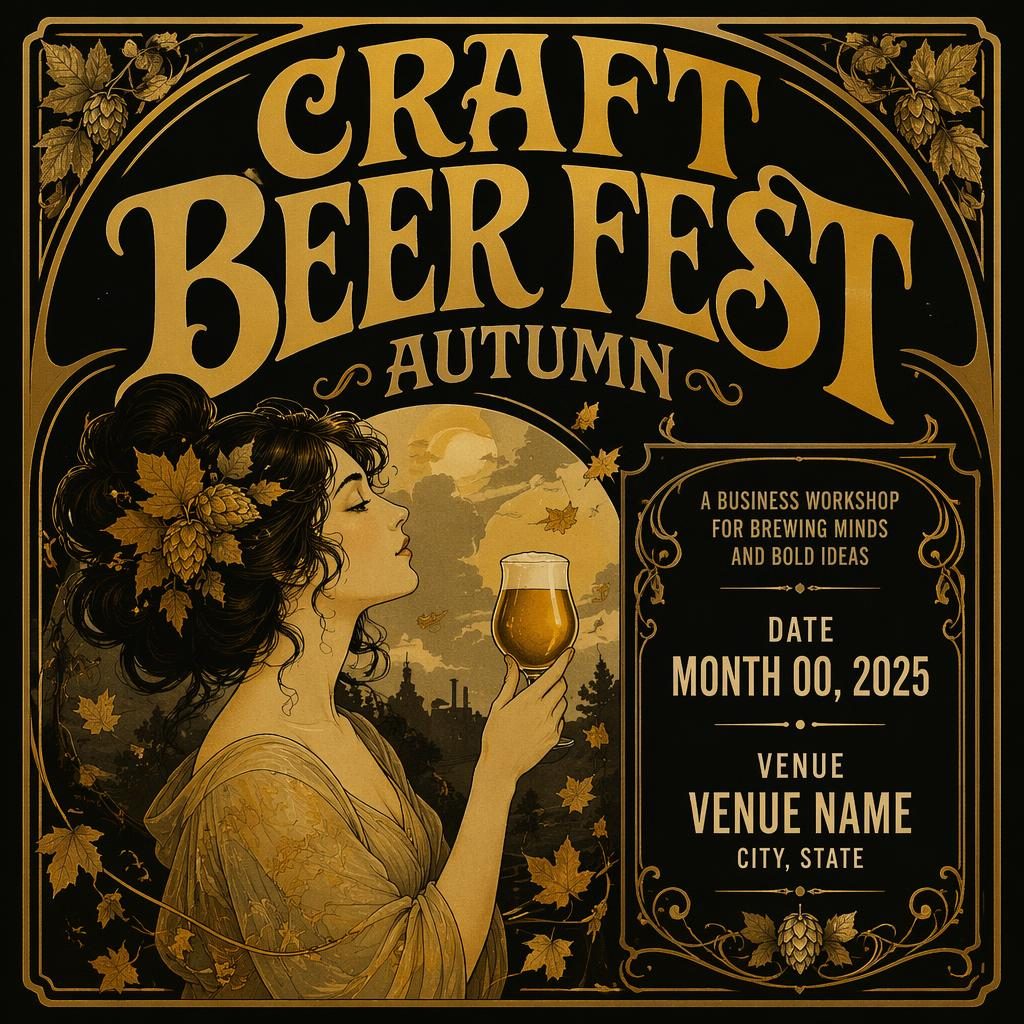 Vintage 1960s-style event poster for a craft beer fest autumn workshop in black and gold with elegant readable text.