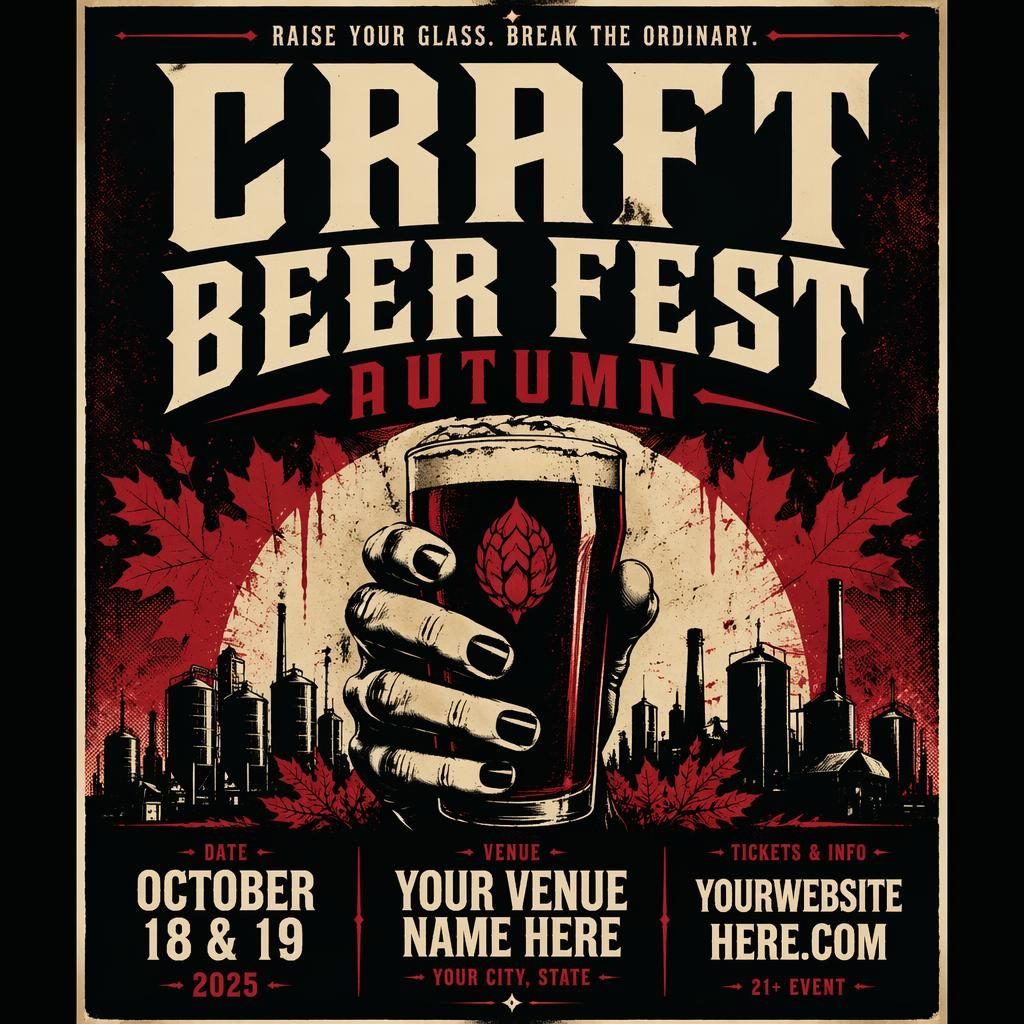 Vintage cream and red autumn craft beer festival poster with bold typography, rebellious mood, and clean date venue text.