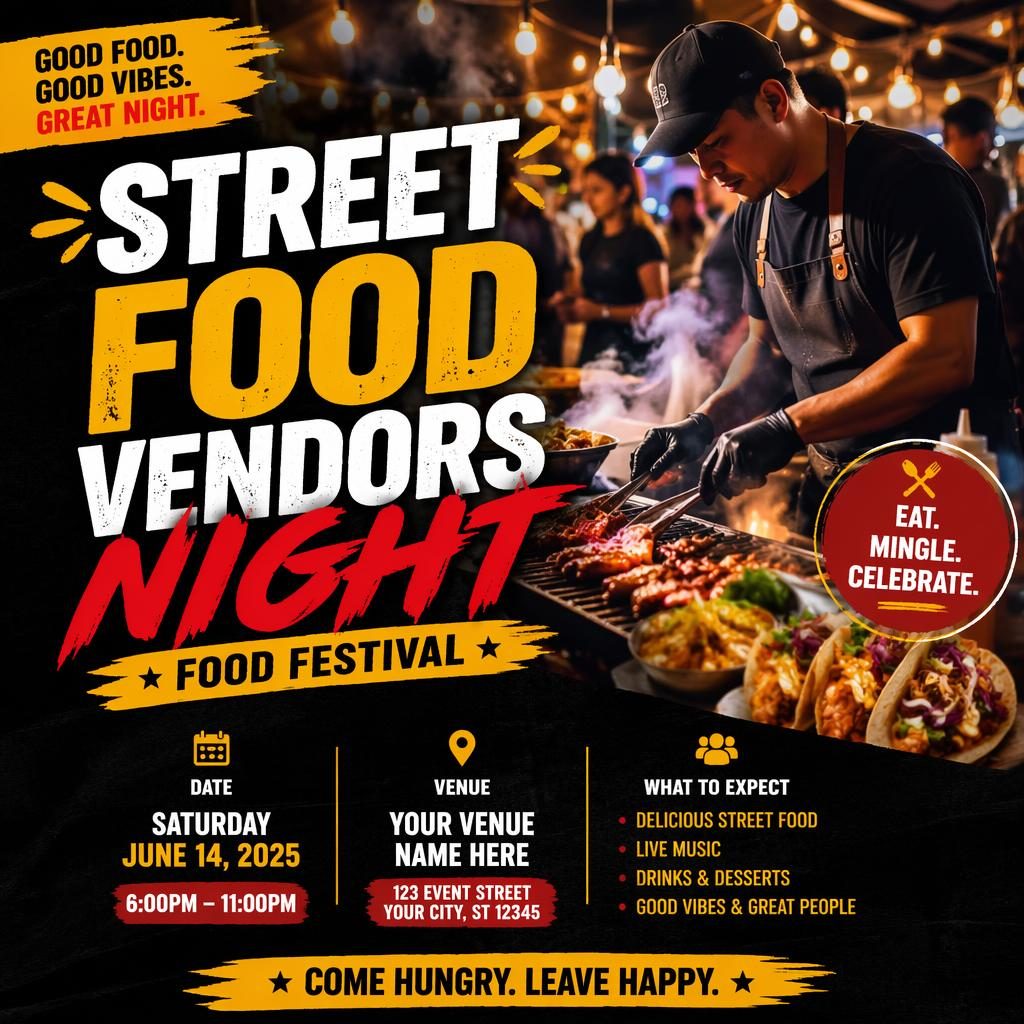 Photographic event poster of a night street food festival with busy vendors, bold high-contrast colors, and sharp placeholder text.