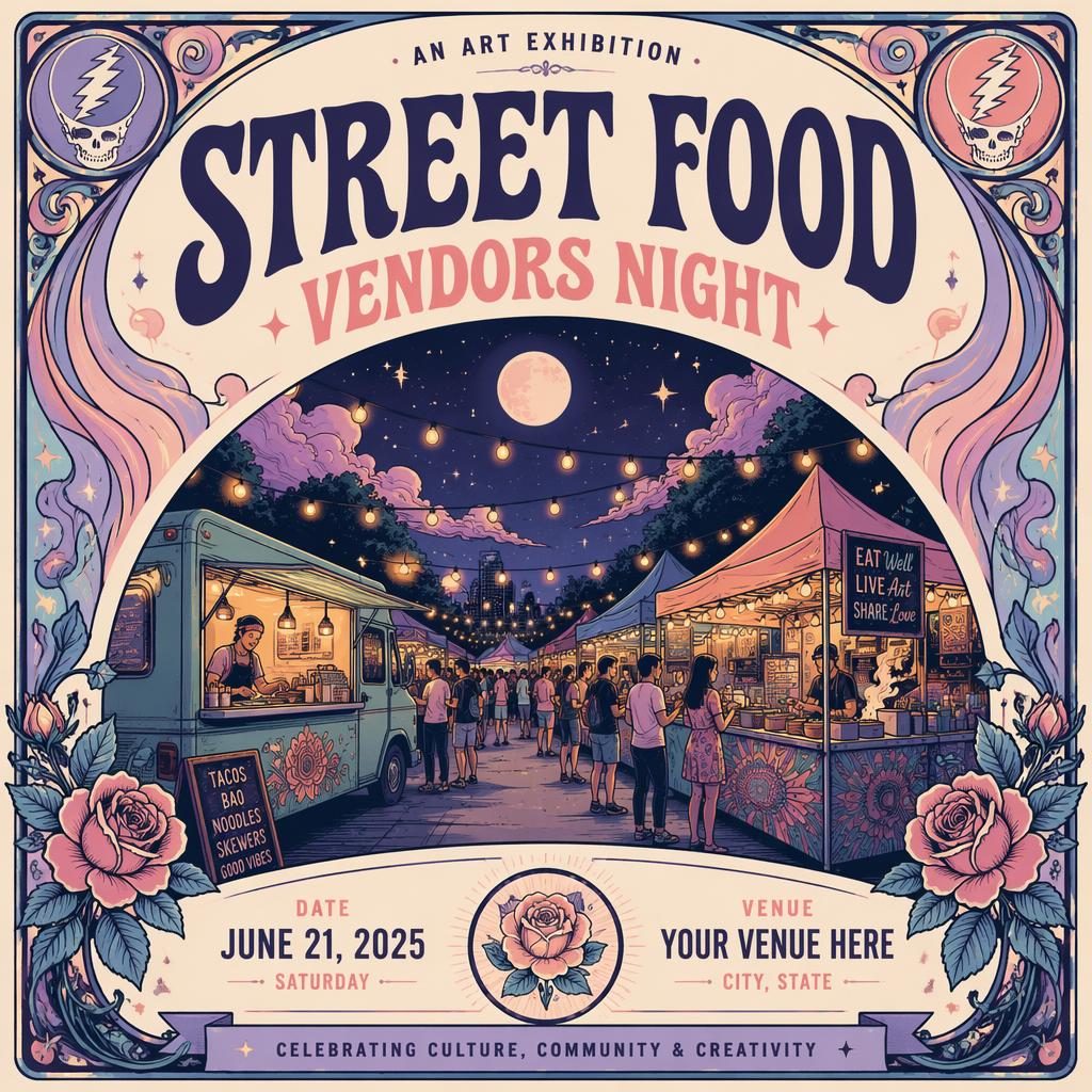 Modern editorial event poster for Street Food Vendors Night art exhibition with pastel palette, joyful mood, and clean text placeholders.