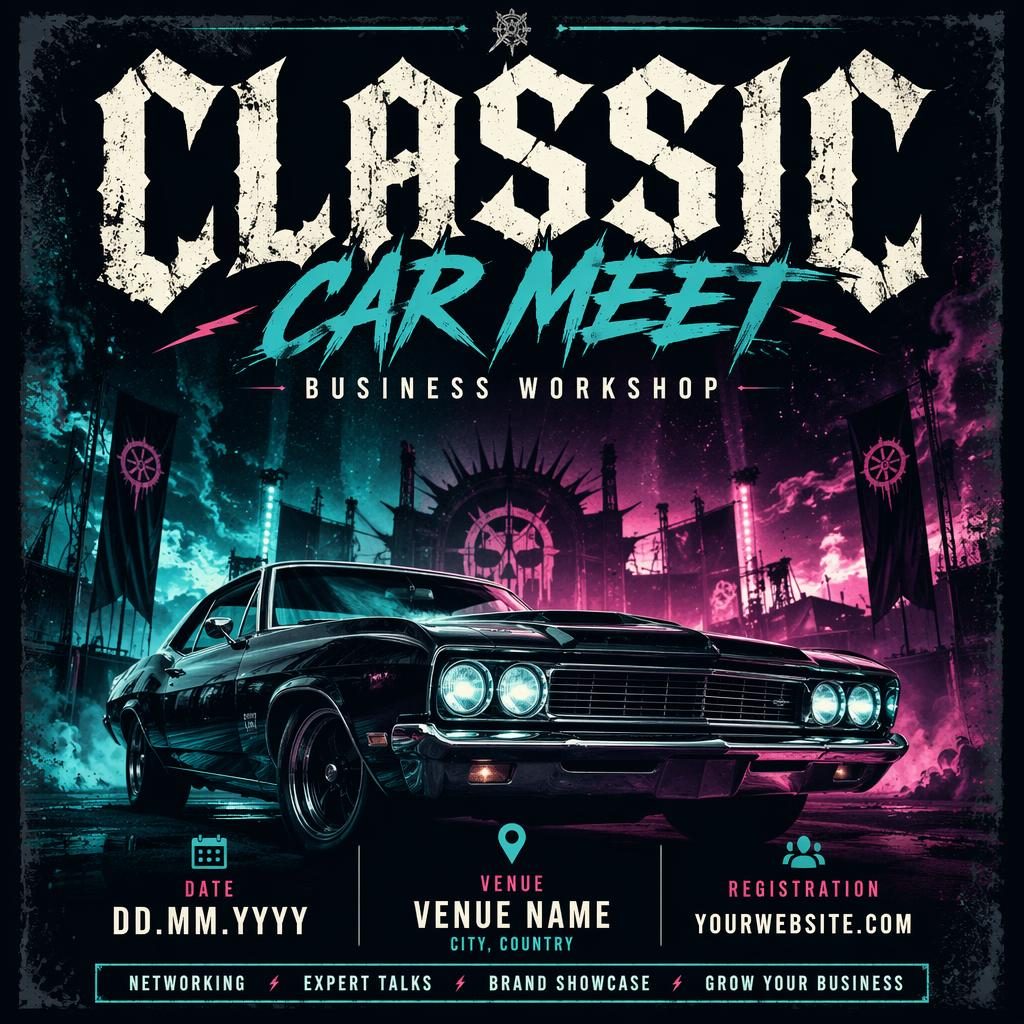 Affiche d’événement style grunge néon pour rassemblement de voitures classiques, avec texte de date et lieu lisible en anglais.