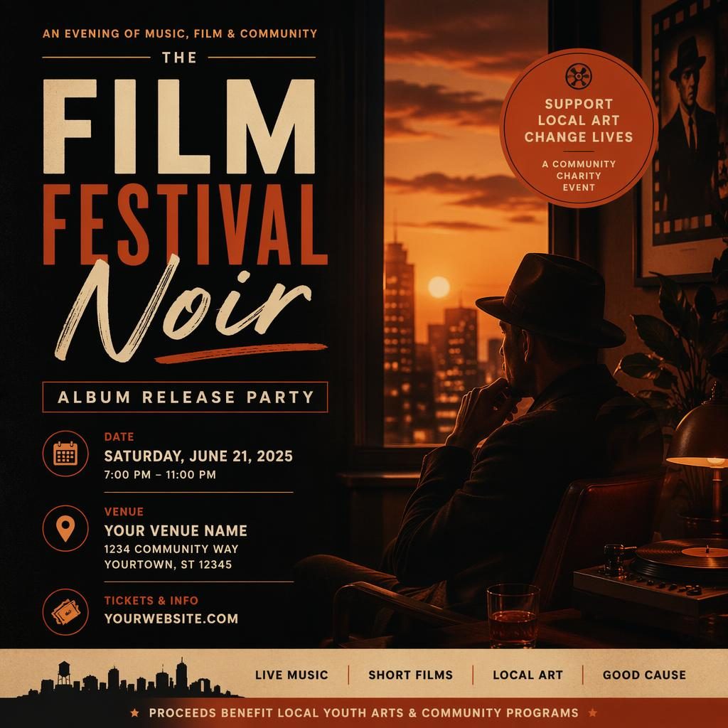Modern editorial event poster with a film festival noir theme, warm sunset tones, cozy intimate mood, and sharp English placeholder text.