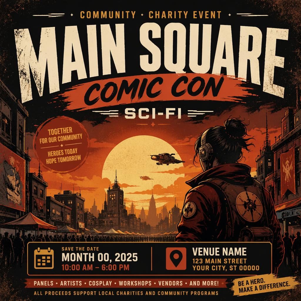 Affiche d’événement comic con sci-fi, style poster de groupe grunge, tons coucher de soleil, texte de date et lieu lisible.