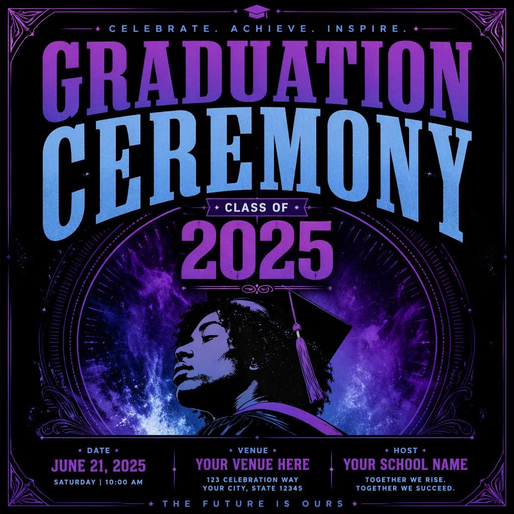 Bold event poster for a graduation ceremony with cool neon colors, strong typography, and clean date and venue placeholders.