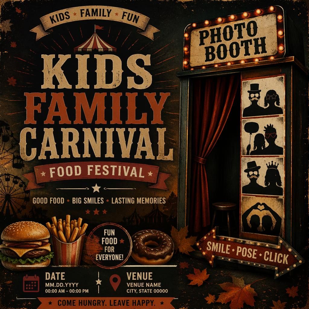 Grunge-style event poster for a kids family carnival food festival in a dark autumn rust palette with clean placeholder text.