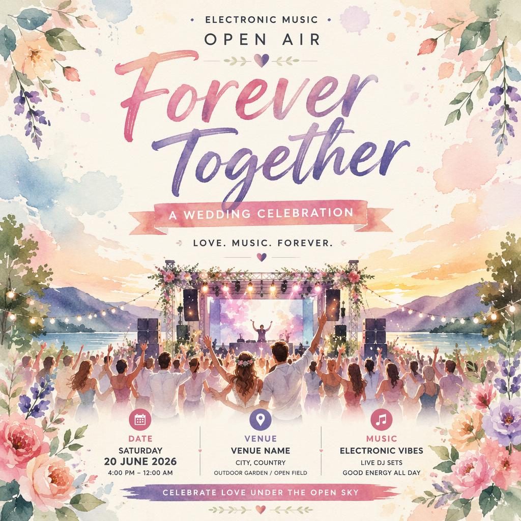 Watercolor event poster for a wedding electronic music open air, with pastel festive artwork and sharp English placeholder text.