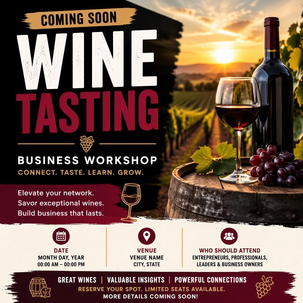 Modern editorial event poster for a wine tasting vineyard business workshop with bold high-contrast colors and clean placeholder text
