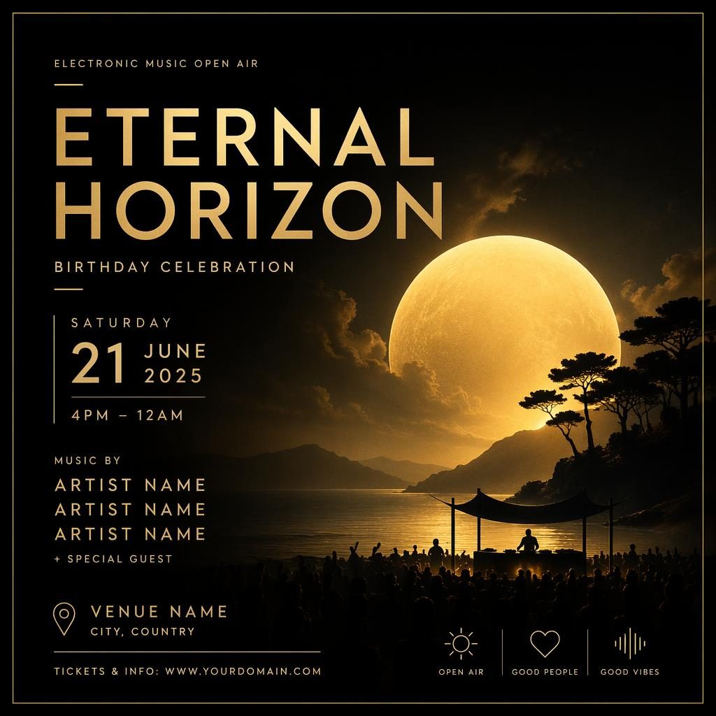 Minimalist Swiss-style event poster for an electronic music open air party, black and gold with dreamy elegant layout.