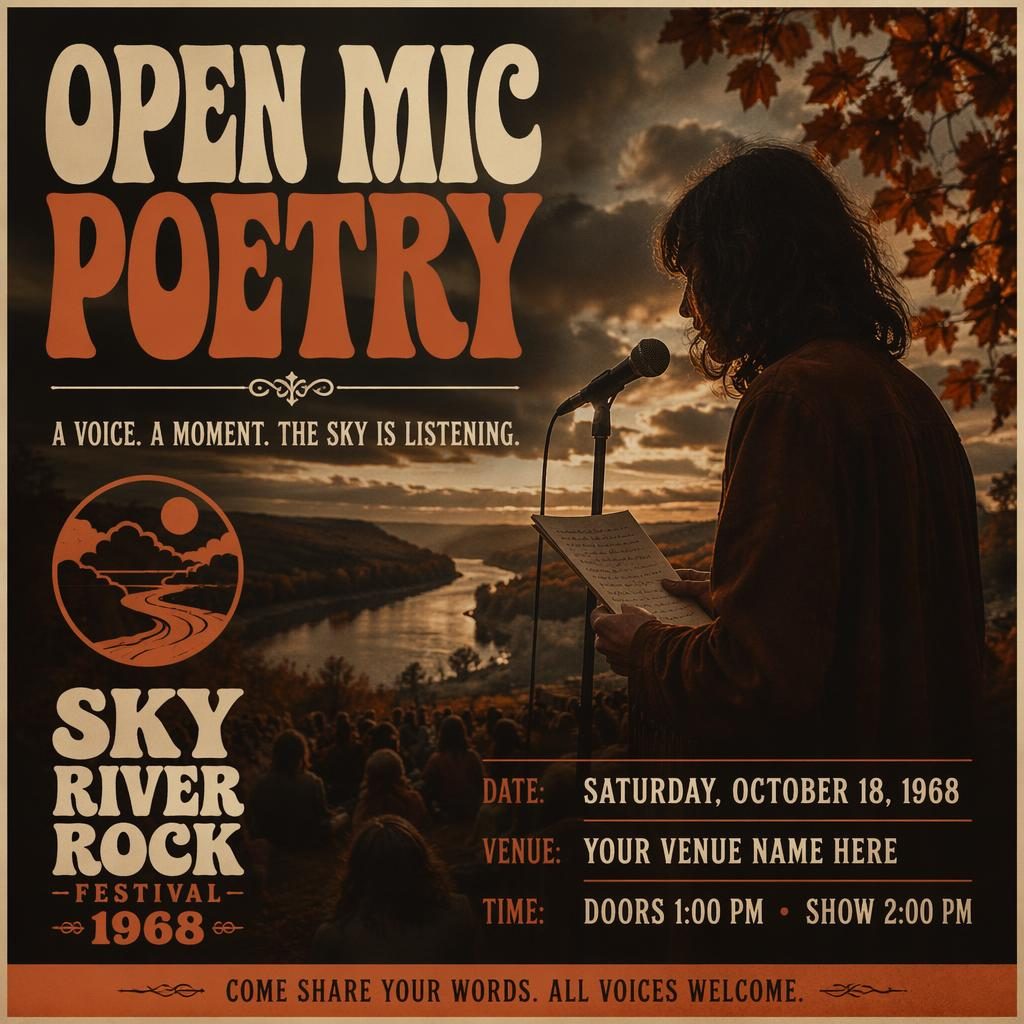 Dark autumn-toned event poster for open mic poetry with photographic overlay, sharp placeholder text, and mysterious festival mood.