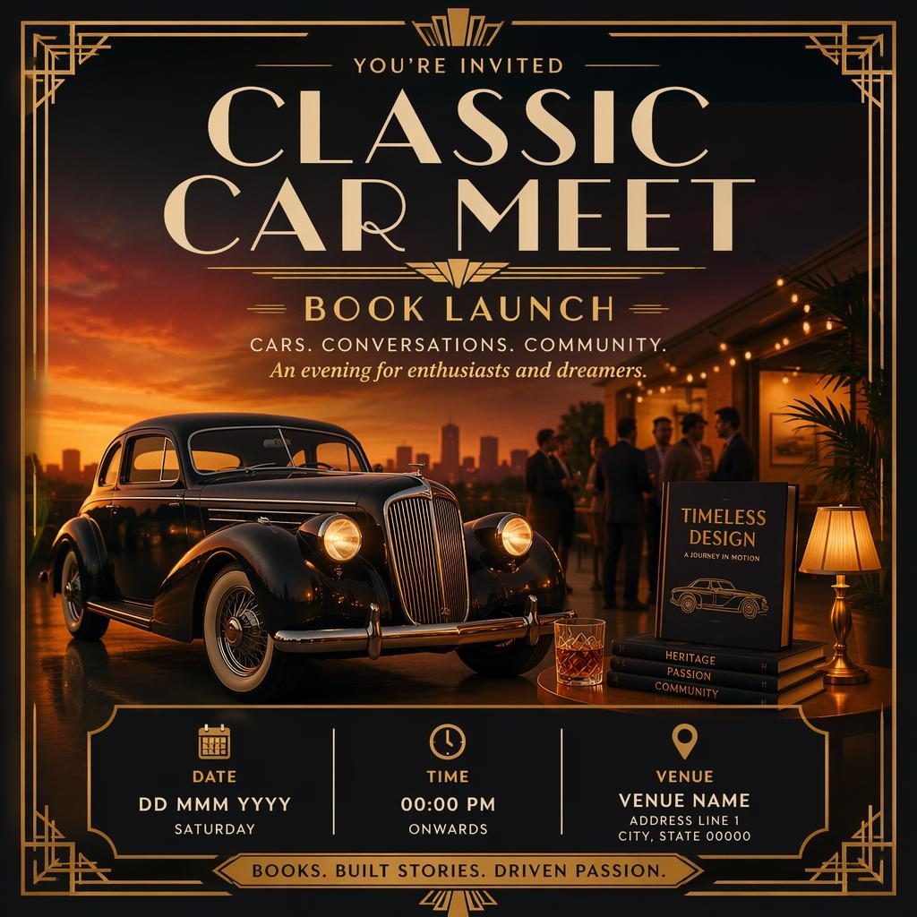 Art deco event poster showing a classic car meet for a book launch, with warm sunset tones and sharp English placeholder text.