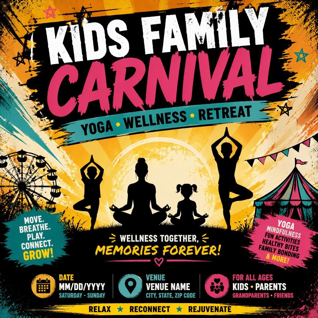 AI event poster for a kids family carnival yoga wellness retreat in grunge band style with bold colors and clean placeholder text.