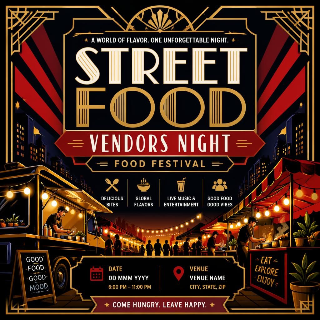 Art deco luxury food festival poster with street food stalls at night, bold high-contrast colors, and clean placeholder text.