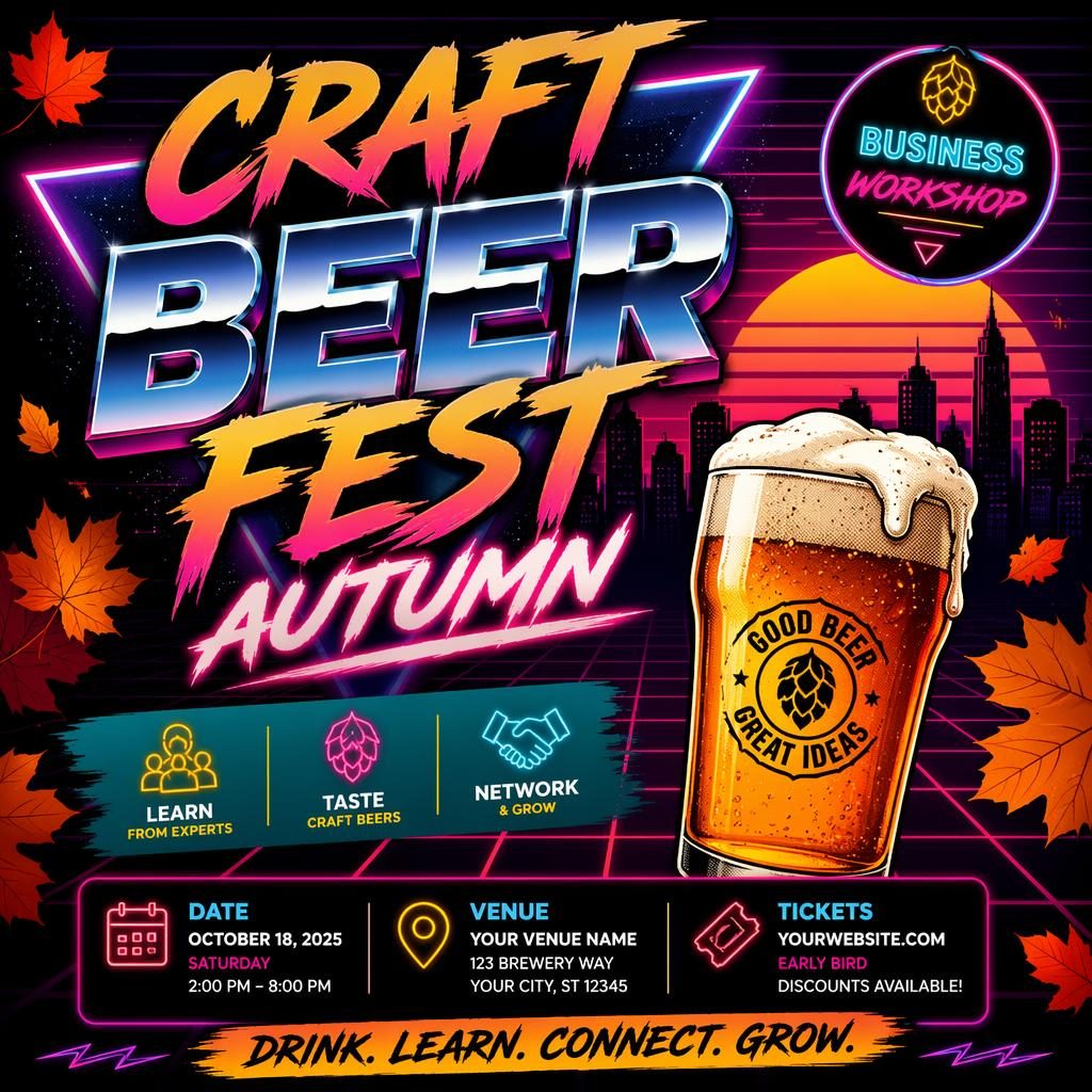 Retro 1980s neon event poster for a craft beer fest autumn business workshop with bold colors and readable placeholder text.