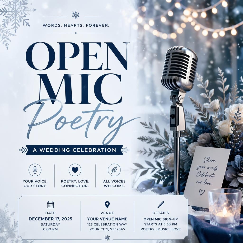 Modern editorial wedding open mic poetry poster in a winter ice palette with clean event name, date, and venue placeholders.