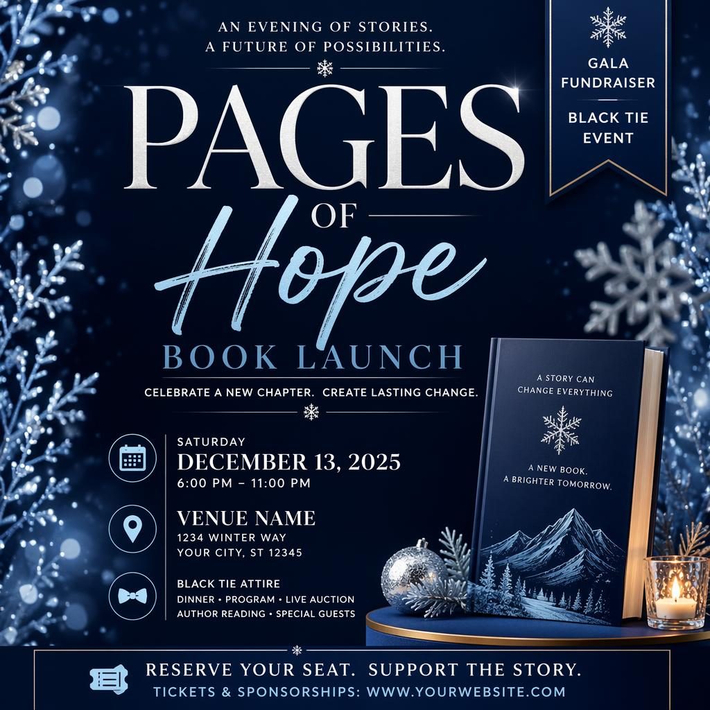 AI event poster for a black-tie gala fundraiser book launch with bold typography, winter ice palette, and clean venue placeholders.