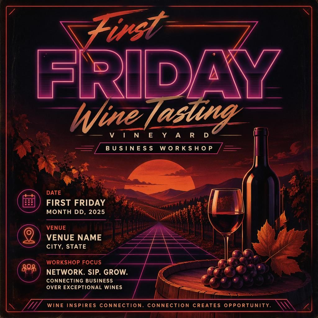 Retro 1980s neon event poster for a wine tasting vineyard business workshop with dark autumn rust tones and clean placeholder text.
