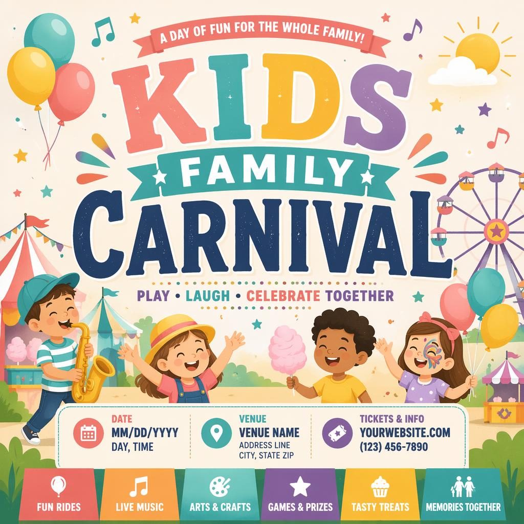 Pastel kids family carnival holiday event poster with bold typography, joyful graphics, and clean date and venue placeholder text.