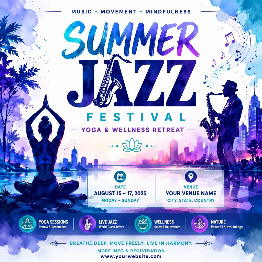 Watercolor event poster for a summer wellness retreat with jazz festival theme, cool neon palette, formal layout, and sharp English placeholder text.