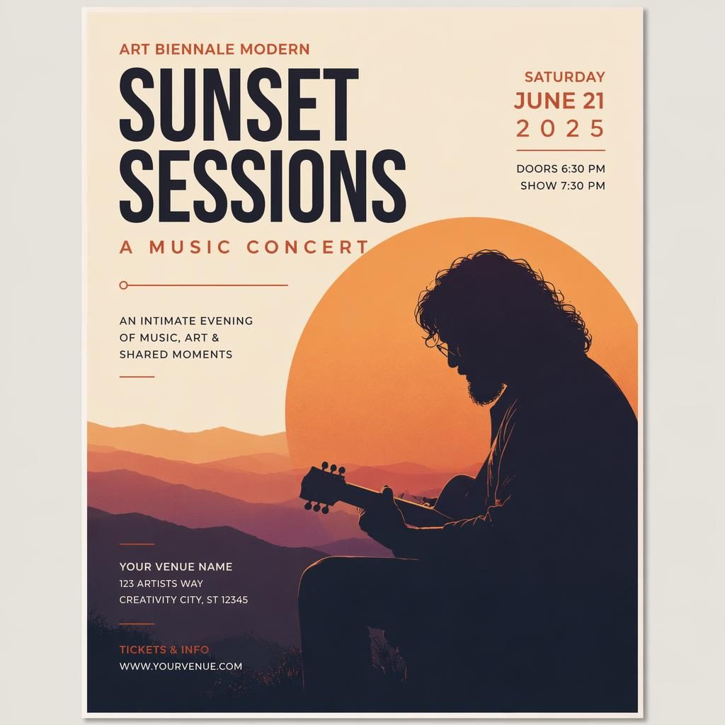 Minimalist Swiss-style concert poster with warm sunset colors, clean event name, date, and venue placeholders, cozy mood