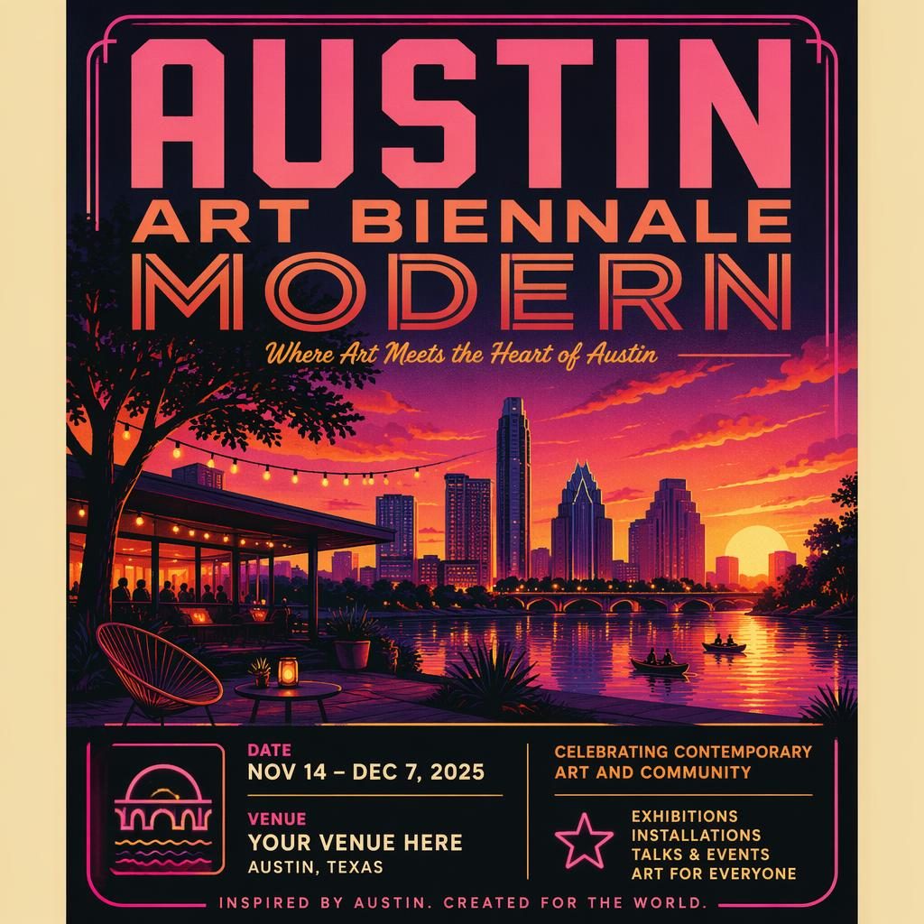 Retro 1980s neon event poster for a modern art biennale holiday celebration with warm sunset tones and clean placeholder text.