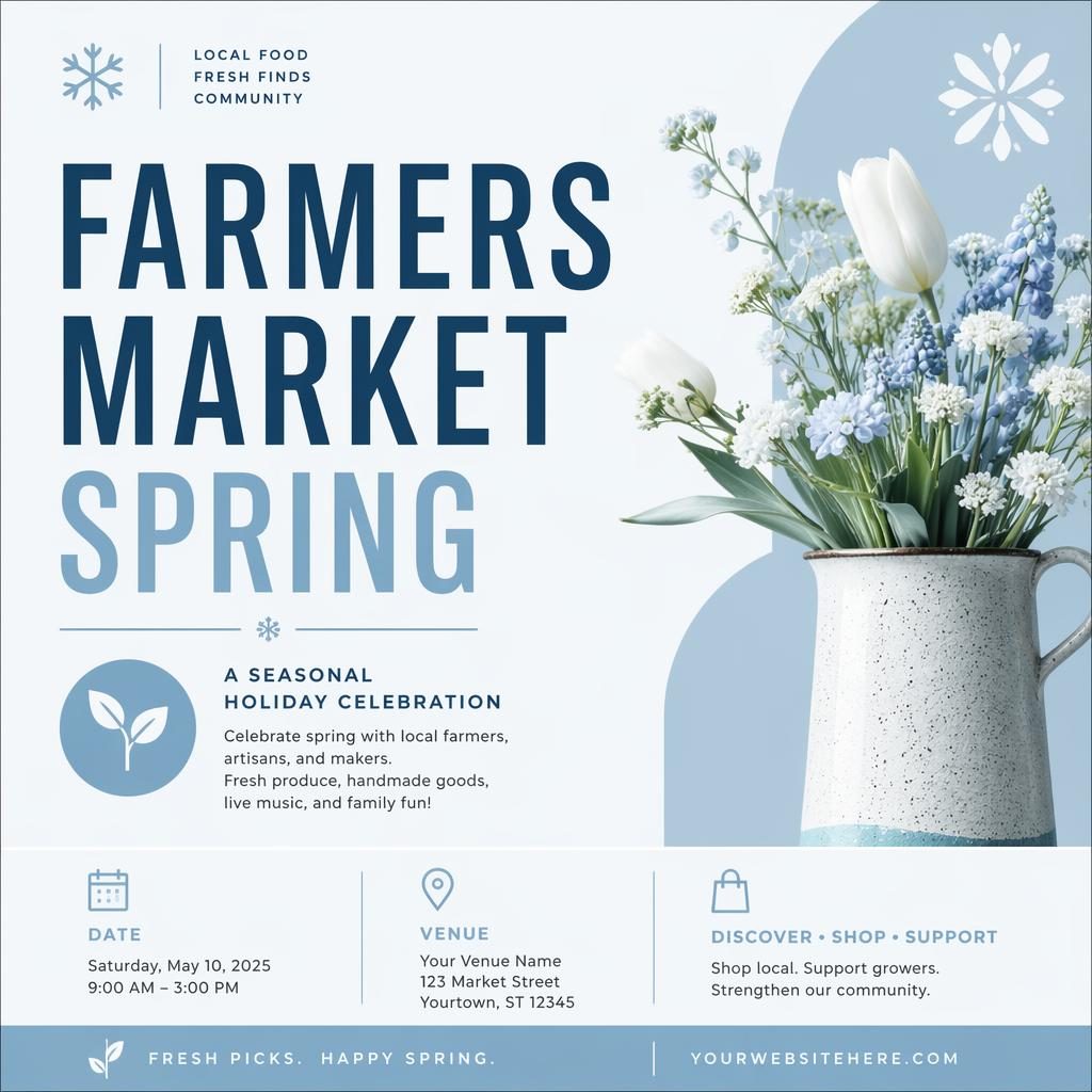 Minimalist Swiss-style event poster for a spring farmers market with winter ice colors and clean English placeholder text.