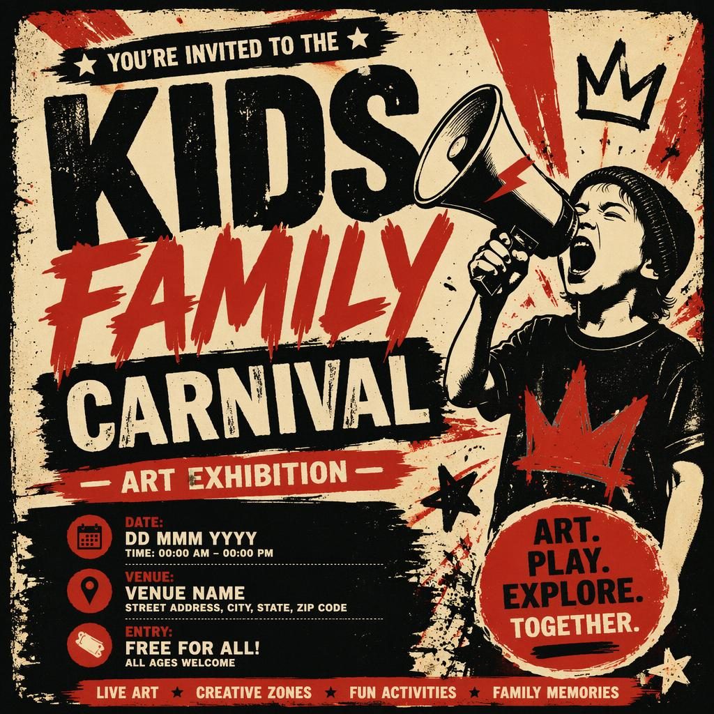 Grunge-style event poster for a kids family carnival art exhibition in cream and red with bold readable placeholder text