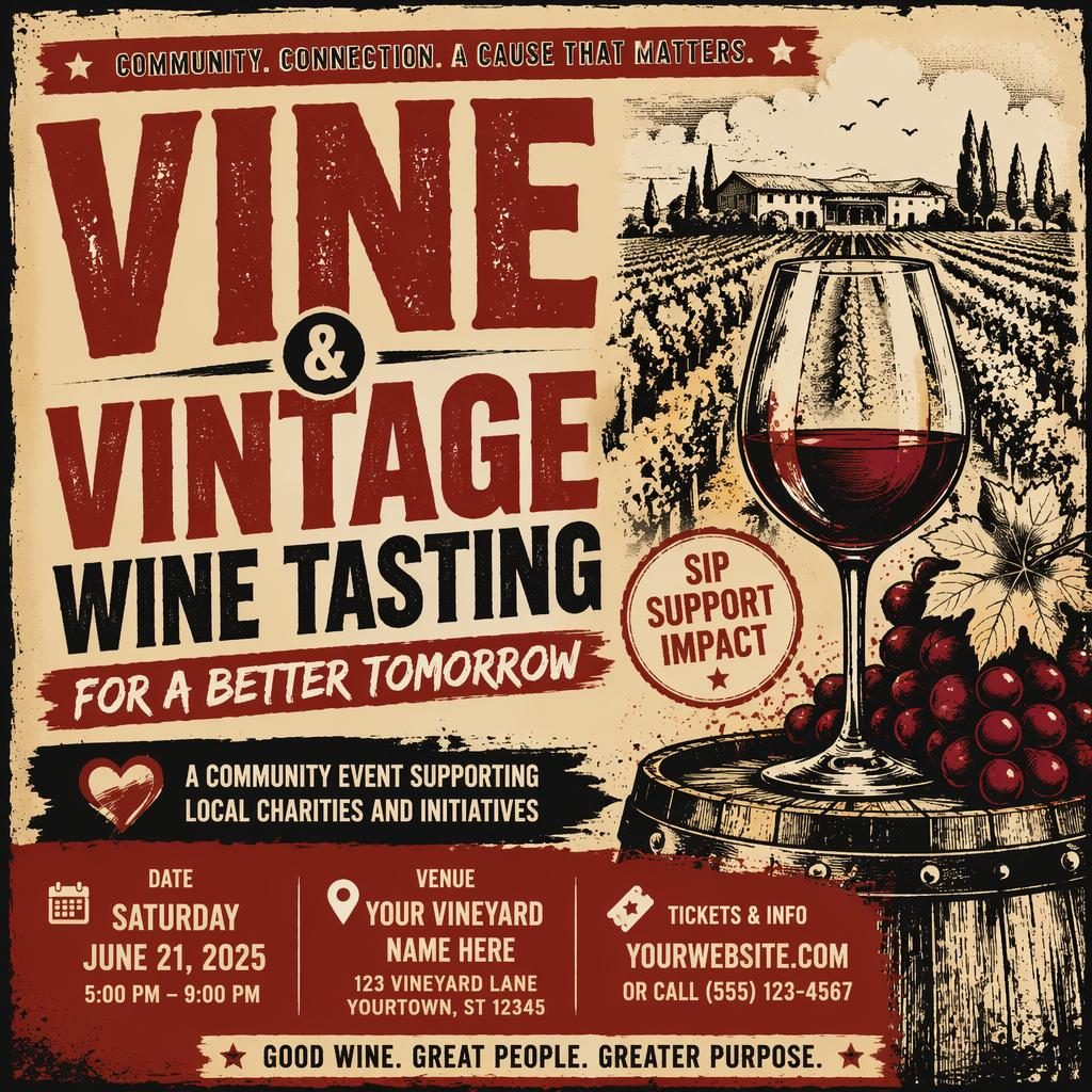Grunge-style vineyard wine tasting charity event poster in cream and red with bold typography and clean date, venue placeholders.