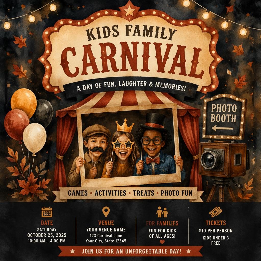 Watercolor event poster for a kids family carnival with dark festive autumn tones and clean placeholder text for name, date, and venue.