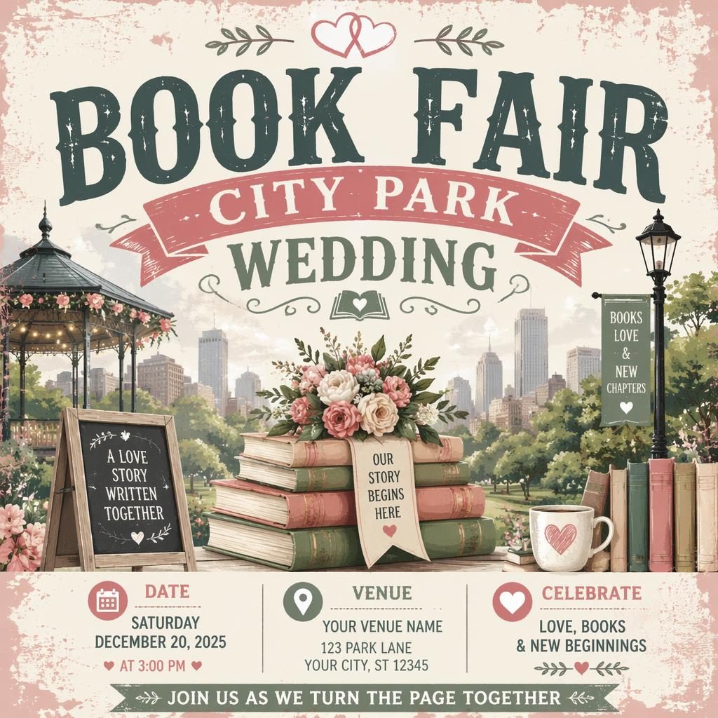 Grunge-style pastel event poster for a city park book fair with wedding-inspired joyful mood and clean placeholder text.