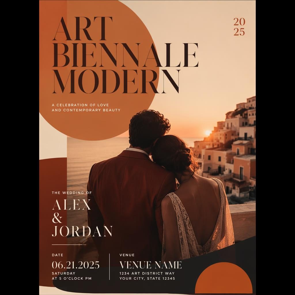 Modern editorial wedding event poster with warm sunset tones, cozy intimate mood, and clean English placeholder text.