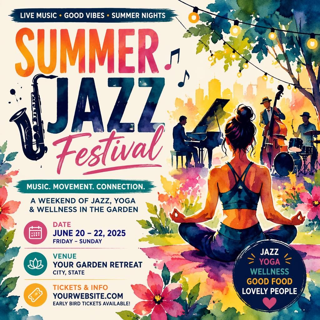 Aquarell-Eventposter mit sommerlicher Festivalstimmung, kräftigen Farben und klaren Platzhaltern für Name, Datum und Venue.