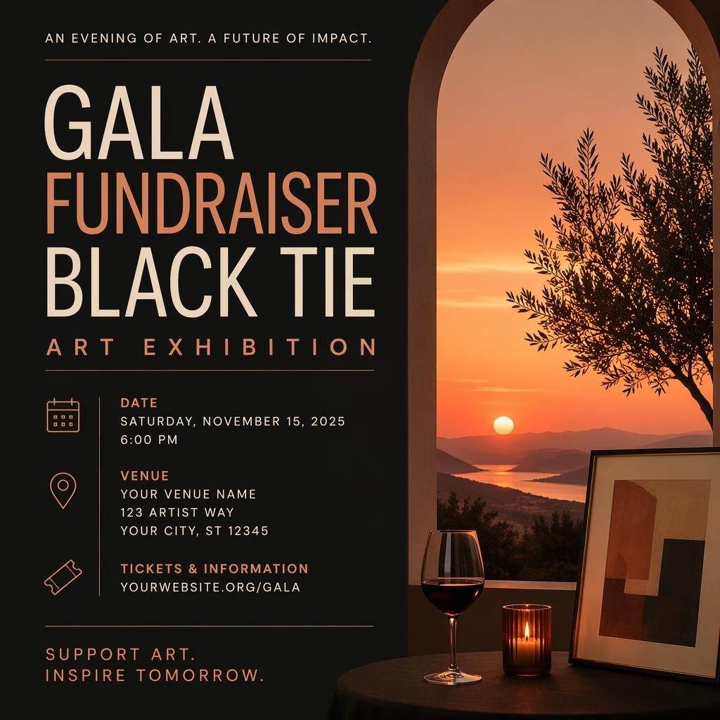 Minimalist Swiss-style event poster for a black-tie art exhibition gala fundraiser in a warm sunset palette with clean placeholder text.